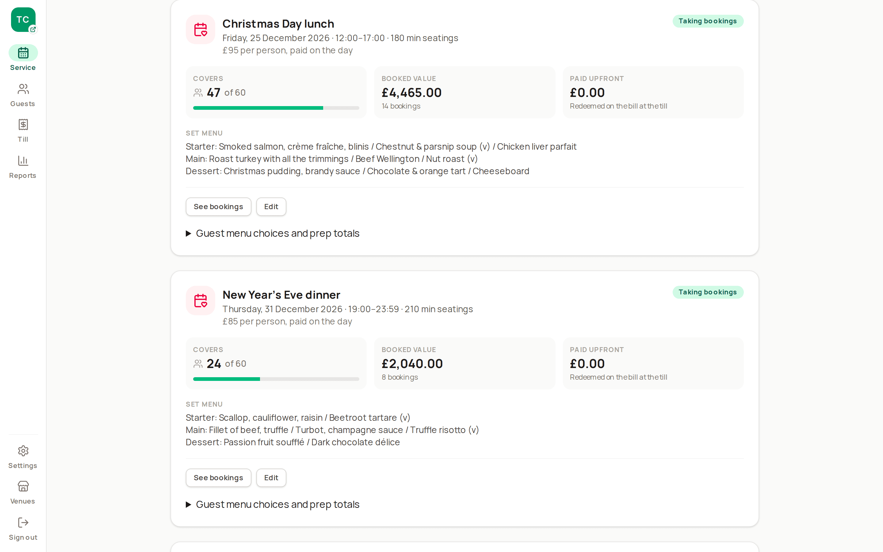 Events page: A Christmas Day event: per-person price, time window, covers sold against the cap and booked value.