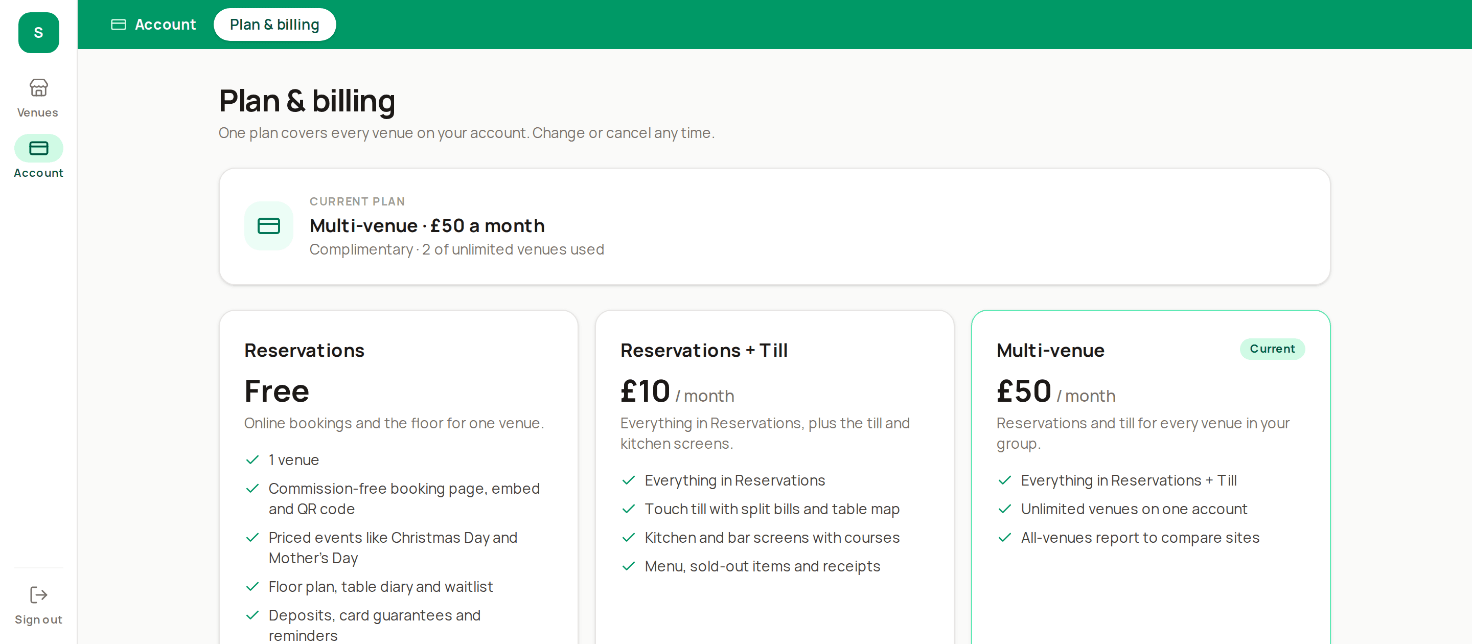 Plan & billing page: Admin → Plan & billing: the three plans with the current one marked.