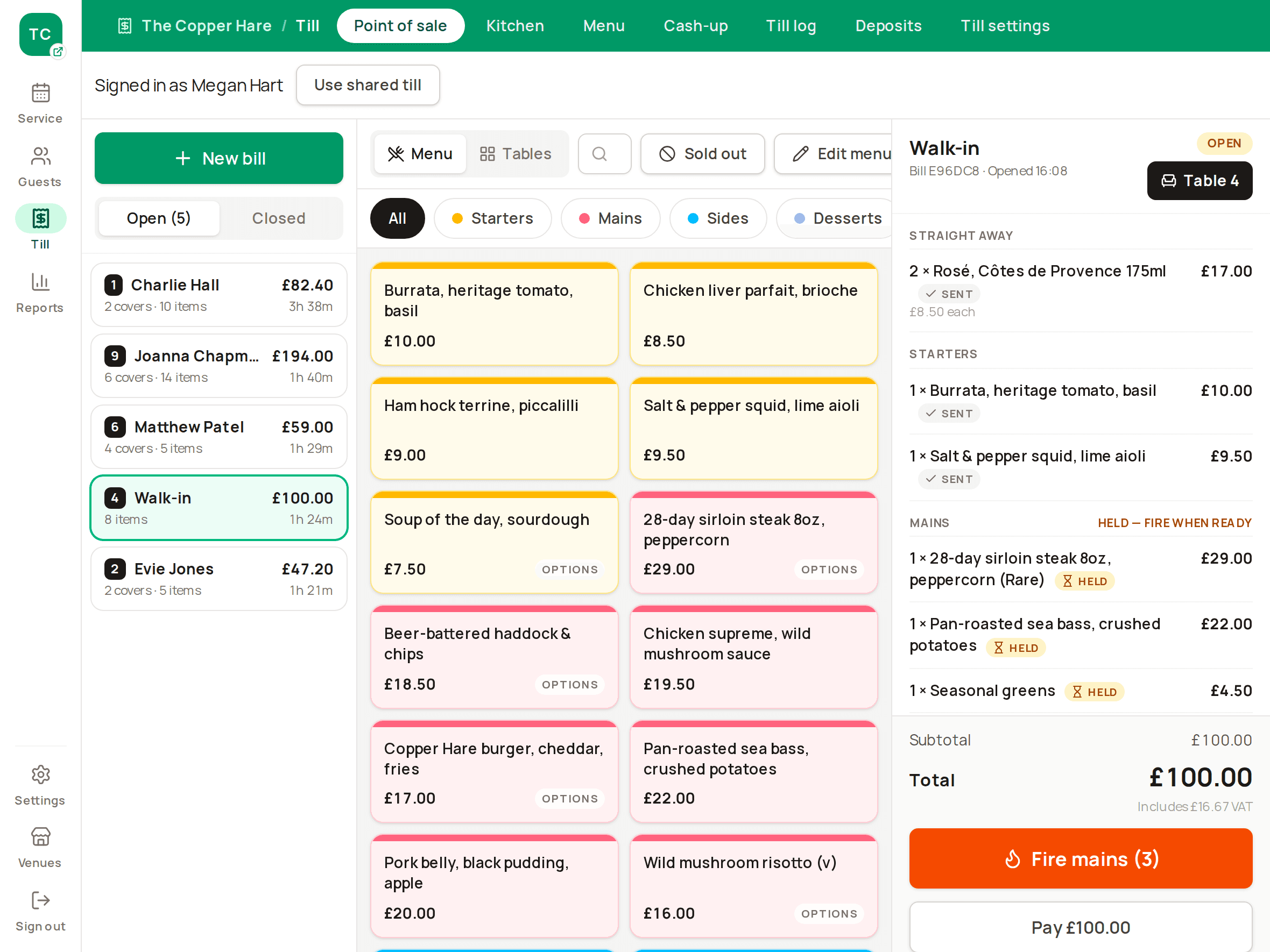 Touch till: iPad landscape: category tiles, the menu grid and an open bill for Table 4.